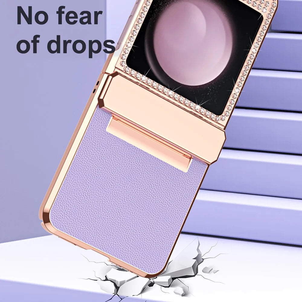 For Samsung Galaxy Z Flip7 FE 5G  /  Flip6 5G Case Rhinestone Decoration Electroplating PU Leather + PC Phone Cover - Purple - 3