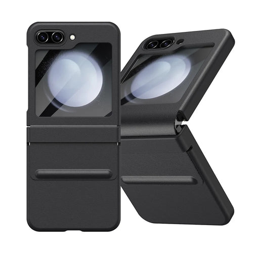 For Samsung Galaxy Z Flip7 FE 5G  /  Flip6 5G Case Hinge Leather + PC Phone Cover with Tempered Glass Film - Black - 1