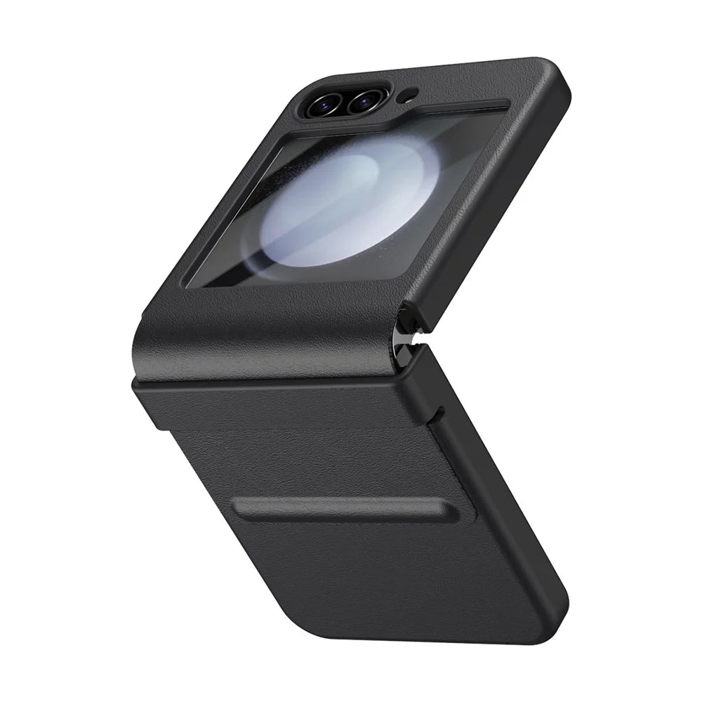 For Samsung Galaxy Z Flip7 FE 5G  /  Flip6 5G Case Hinge Leather + PC Phone Cover with Tempered Glass Film - Black - 2