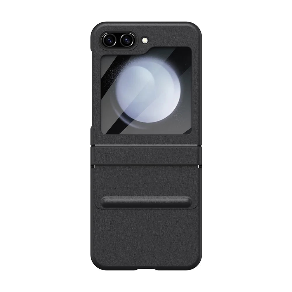 For Samsung Galaxy Z Flip7 FE 5G  /  Flip6 5G Case Hinge Leather + PC Phone Cover with Tempered Glass Film - Black - 3