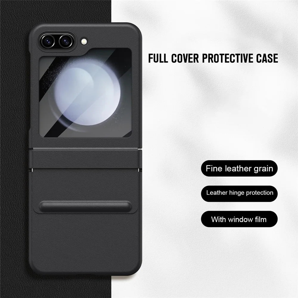 For Samsung Galaxy Z Flip7 FE 5G  /  Flip6 5G Case Hinge Leather + PC Phone Cover with Tempered Glass Film - Black - 4