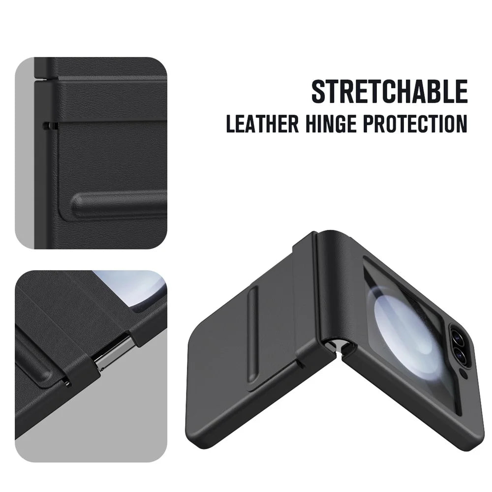 For Samsung Galaxy Z Flip7 FE 5G  /  Flip6 5G Case Hinge Leather + PC Phone Cover with Tempered Glass Film - Black - 6