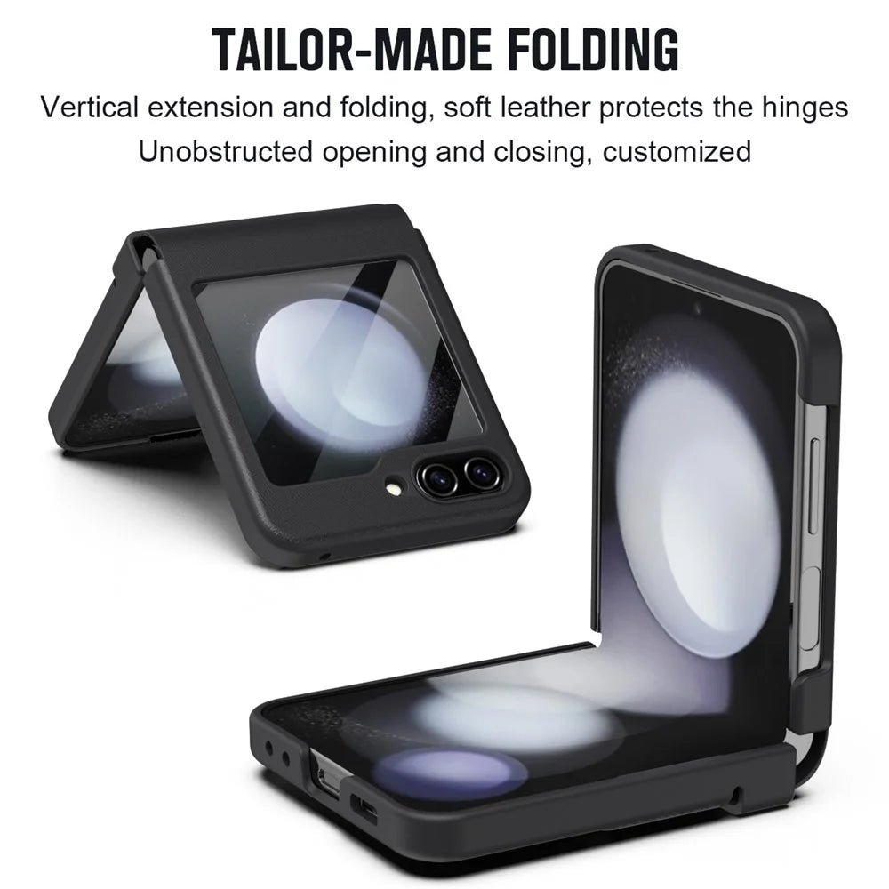 For Samsung Galaxy Z Flip7 FE 5G  /  Flip6 5G Case Hinge Leather + PC Phone Cover with Tempered Glass Film - Black - 7