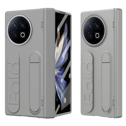 For vivo X Fold2 Case Kickstand Wristband PC Phone Cover with Tempered Glass Film - Grey - 1