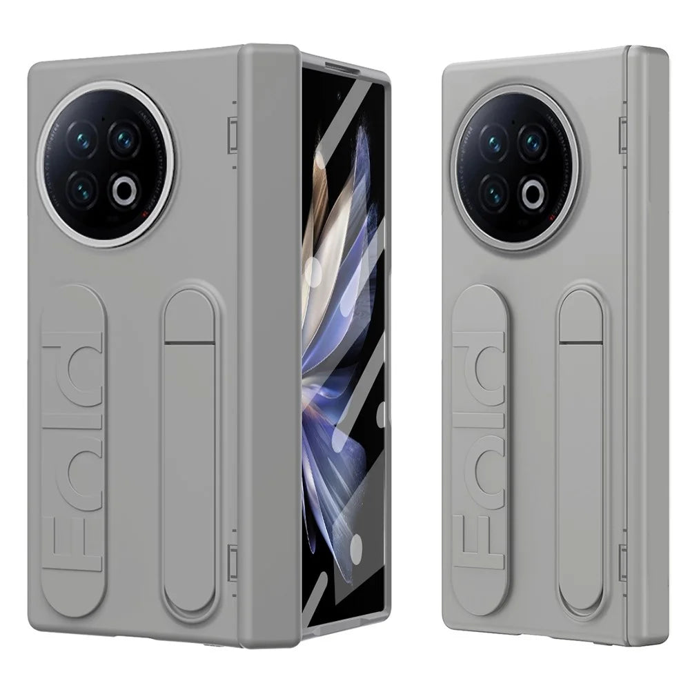 For vivo X Fold2 Case Kickstand Wristband PC Phone Cover with Tempered Glass Film - Grey - 1