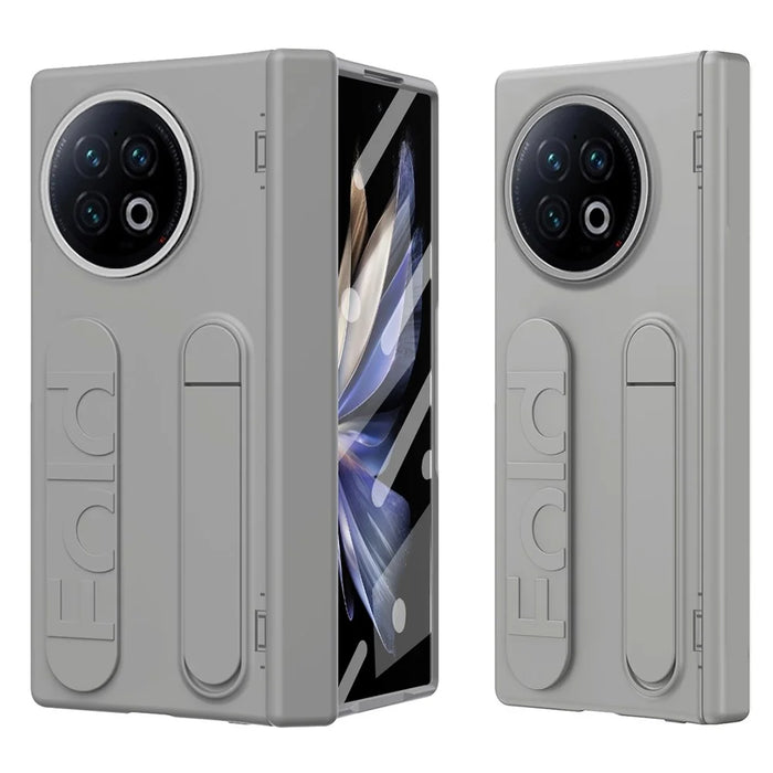 For vivo X Fold2 Case Kickstand Wristband PC Phone Cover with Tempered Glass Film - Grey - 1