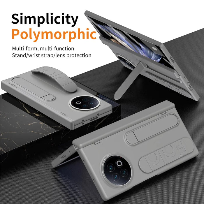 For vivo X Fold2 Case Kickstand Wristband PC Phone Cover with Tempered Glass Film - Grey - 2