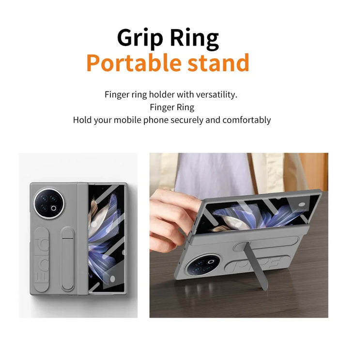For vivo X Fold2 Case Kickstand Wristband PC Phone Cover with Tempered Glass Film - Grey - 4