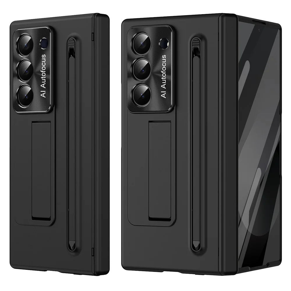For Samsung Galaxy Z Fold6 5G Case Kickstand PC Cell Phone Cover with Tempered Glass Film and Stylus Pen - Black - 1