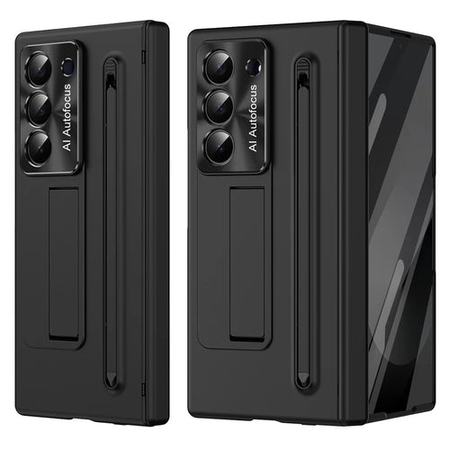 For Samsung Galaxy Z Fold6 5G Case Kickstand PC Cell Phone Cover with Tempered Glass Film and Stylus Pen - Black - 1