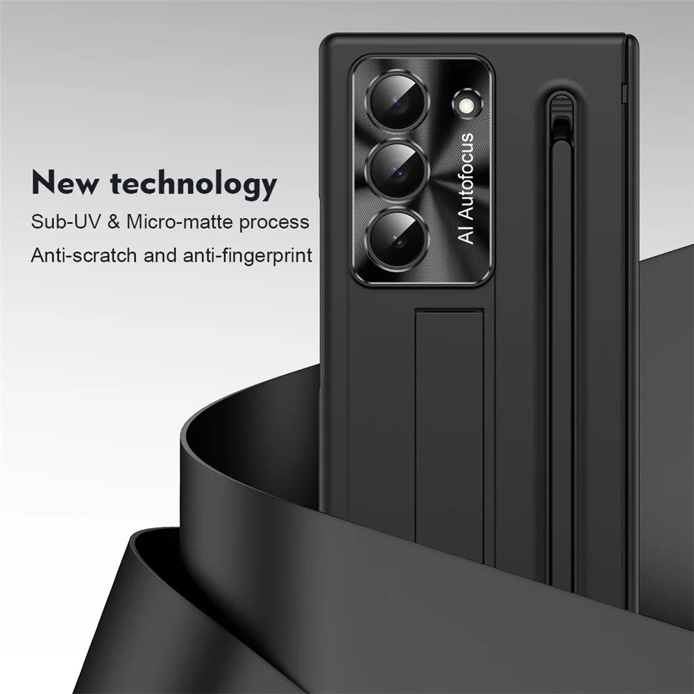 For Samsung Galaxy Z Fold6 5G Case Kickstand PC Cell Phone Cover with Tempered Glass Film and Stylus Pen - Black - 2