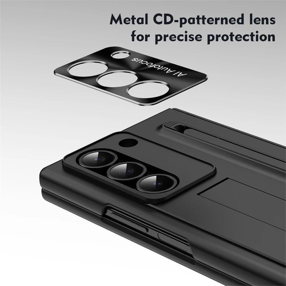 For Samsung Galaxy Z Fold6 5G Case Kickstand PC Cell Phone Cover with Tempered Glass Film and Stylus Pen - Black - 3