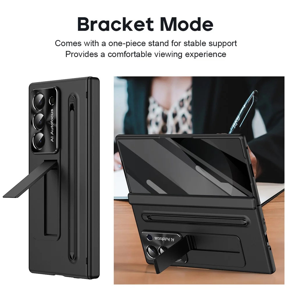 For Samsung Galaxy Z Fold6 5G Case Kickstand PC Cell Phone Cover with Tempered Glass Film and Stylus Pen - Black - 5