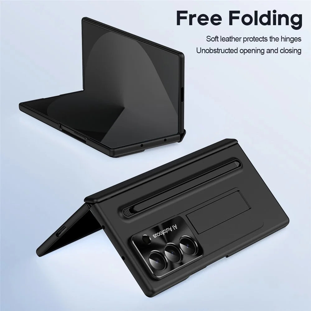 For Samsung Galaxy Z Fold6 5G Case Kickstand PC Cell Phone Cover with Tempered Glass Film and Stylus Pen - Black - 7