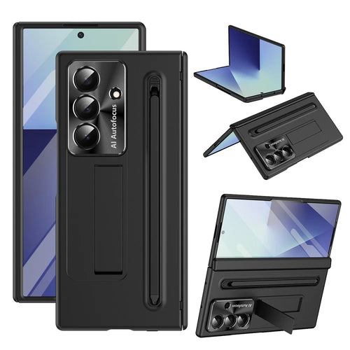 For Samsung Galaxy Z Fold7 5G Case Kickstand PC Cell Phone Cover with Tempered Glass Film and Stylus Pen - Black - 1