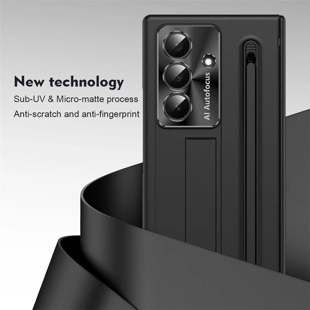 For Samsung Galaxy Z Fold7 5G Case Kickstand PC Cell Phone Cover with Tempered Glass Film and Stylus Pen - Black - 2