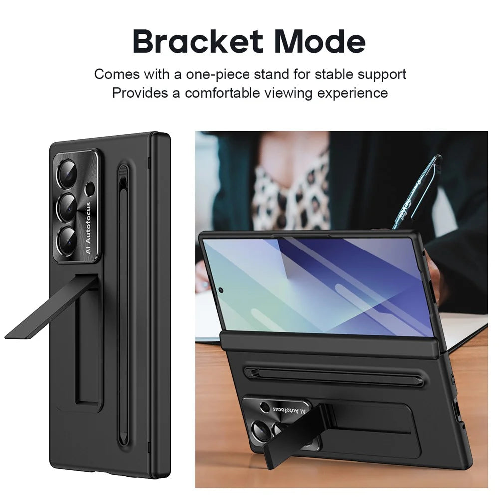 For Samsung Galaxy Z Fold7 5G Case Kickstand PC Cell Phone Cover with Tempered Glass Film and Stylus Pen - Black - 5