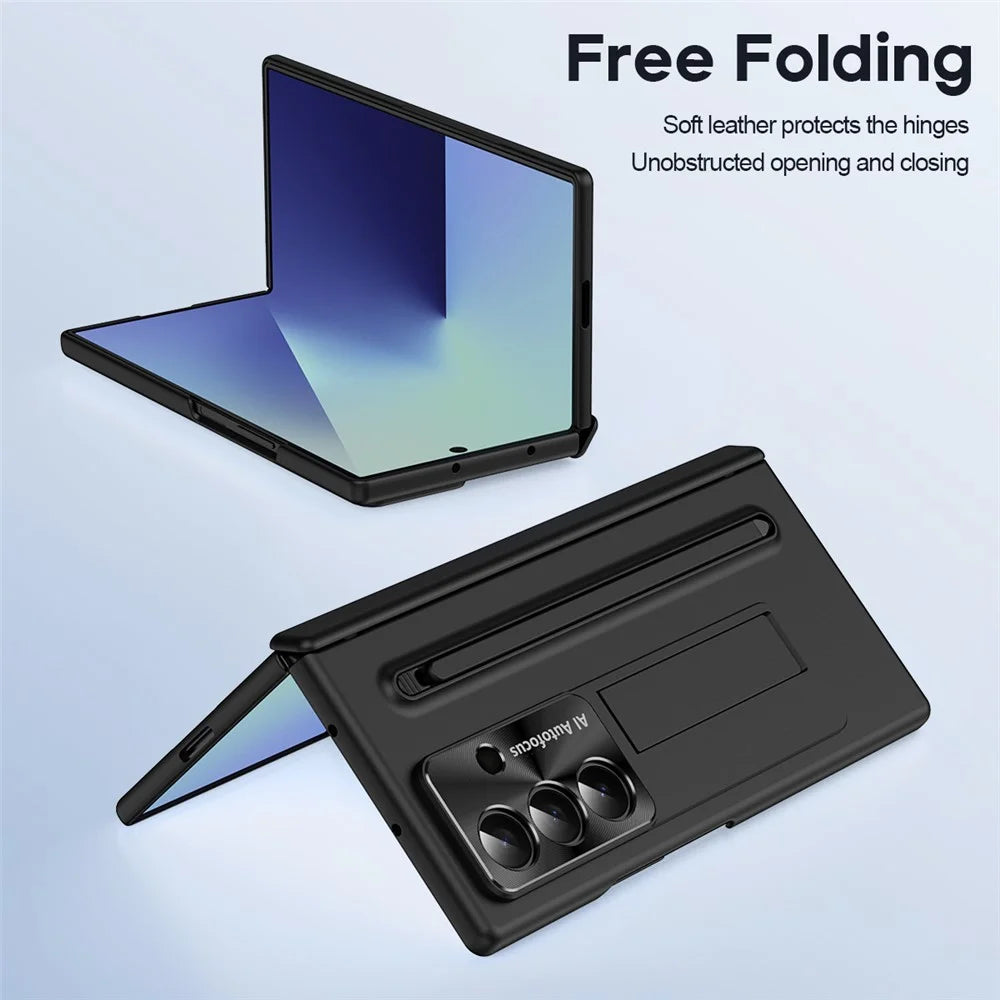 For Samsung Galaxy Z Fold7 5G Case Kickstand PC Cell Phone Cover with Tempered Glass Film and Stylus Pen - Black - 7