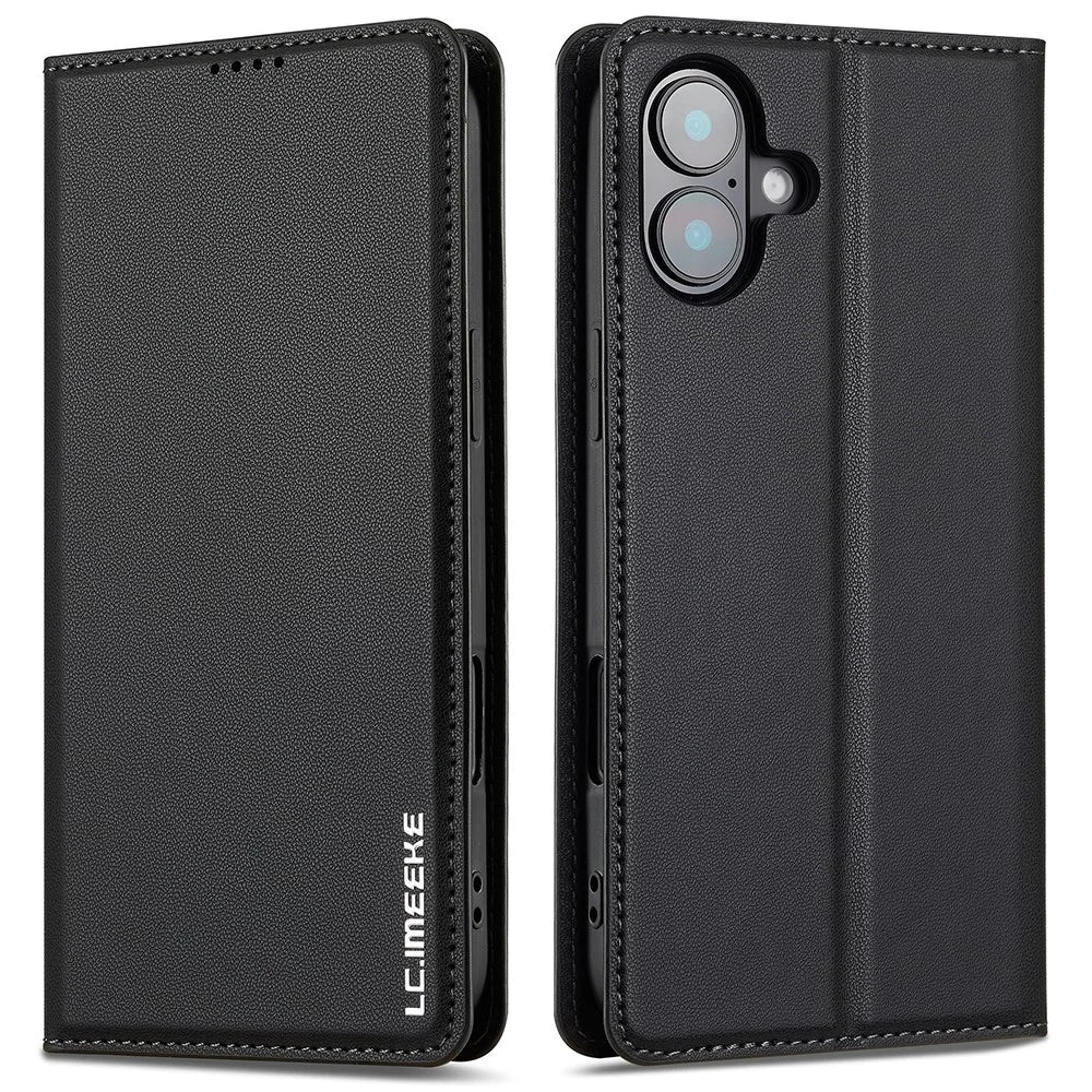 LC.IMEEKE L1 Series for iPhone 17 Case PU Leather Wallet Stand Protective Phone Cover - Black - 1