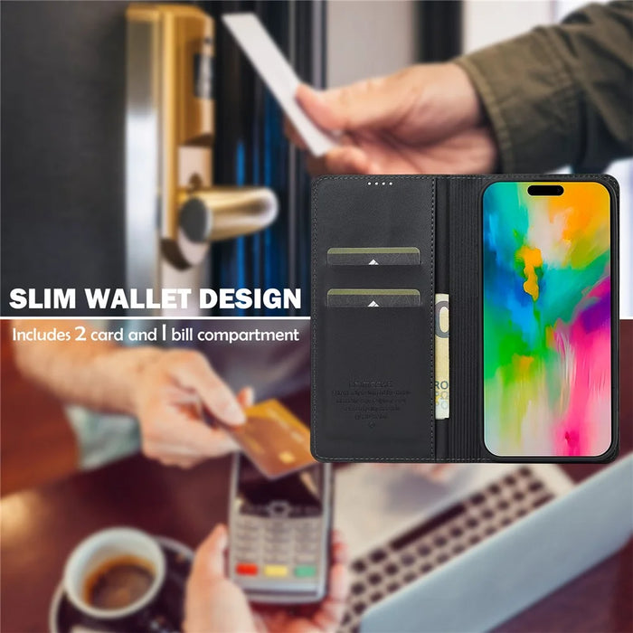 LC.IMEEKE L1 Series for iPhone 17 Case PU Leather Wallet Stand Protective Phone Cover - Black - 5