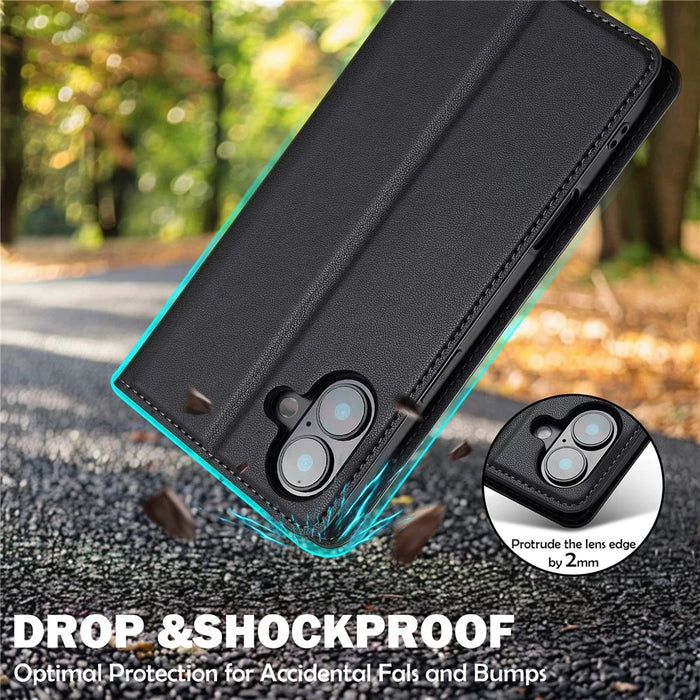 LC.IMEEKE L1 Series for iPhone 17 Case PU Leather Wallet Stand Protective Phone Cover - Black - 7