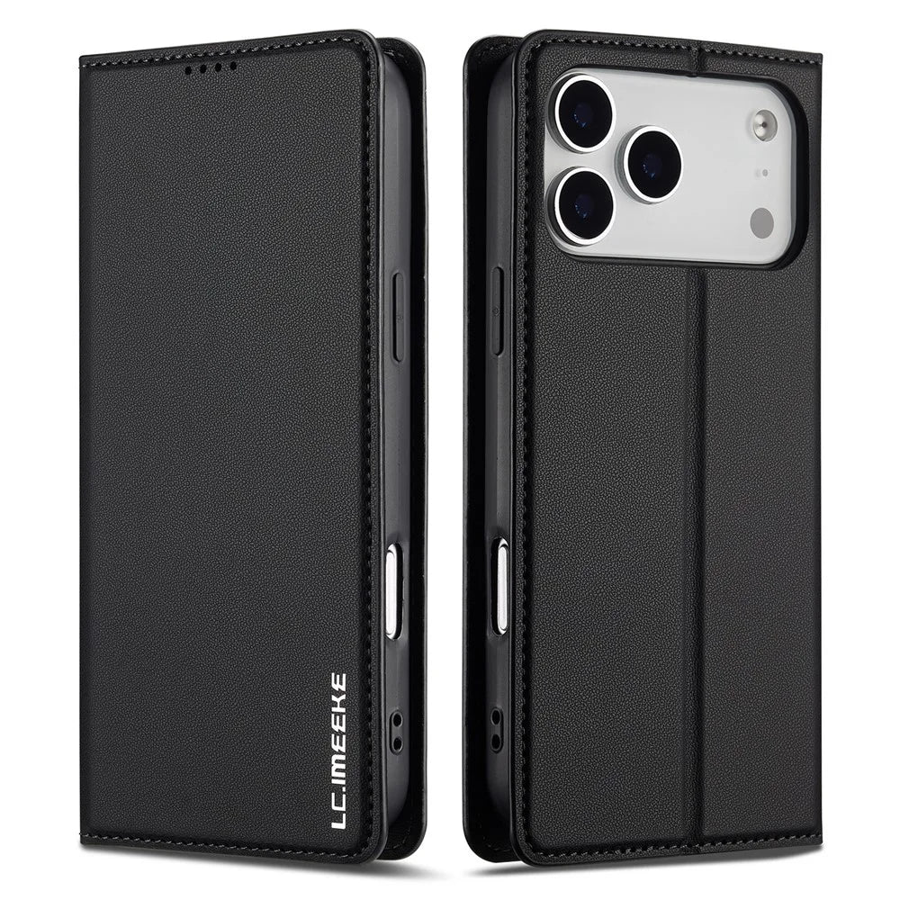 LC.IMEEKE L1 Series for iPhone 18 Pro / 17 Pro Case PU Leather Wallet Stand Protective Phone Cover - Black - 1