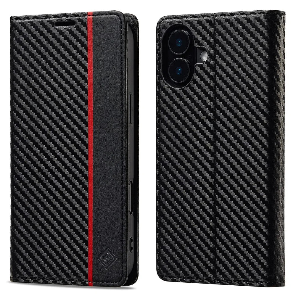 LC.IMEEKE For iPhone 17 Wallet Case Carbon Fiber Texture Leather Phone Cover - Vertical Stripe - 1