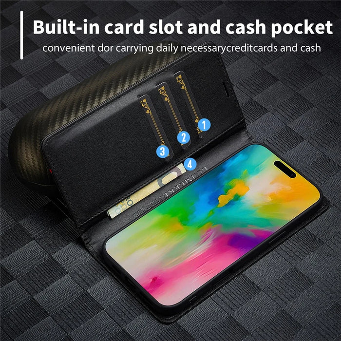 LC.IMEEKE For iPhone 17 Wallet Case Carbon Fiber Texture Leather Phone Cover - Vertical Stripe - 4