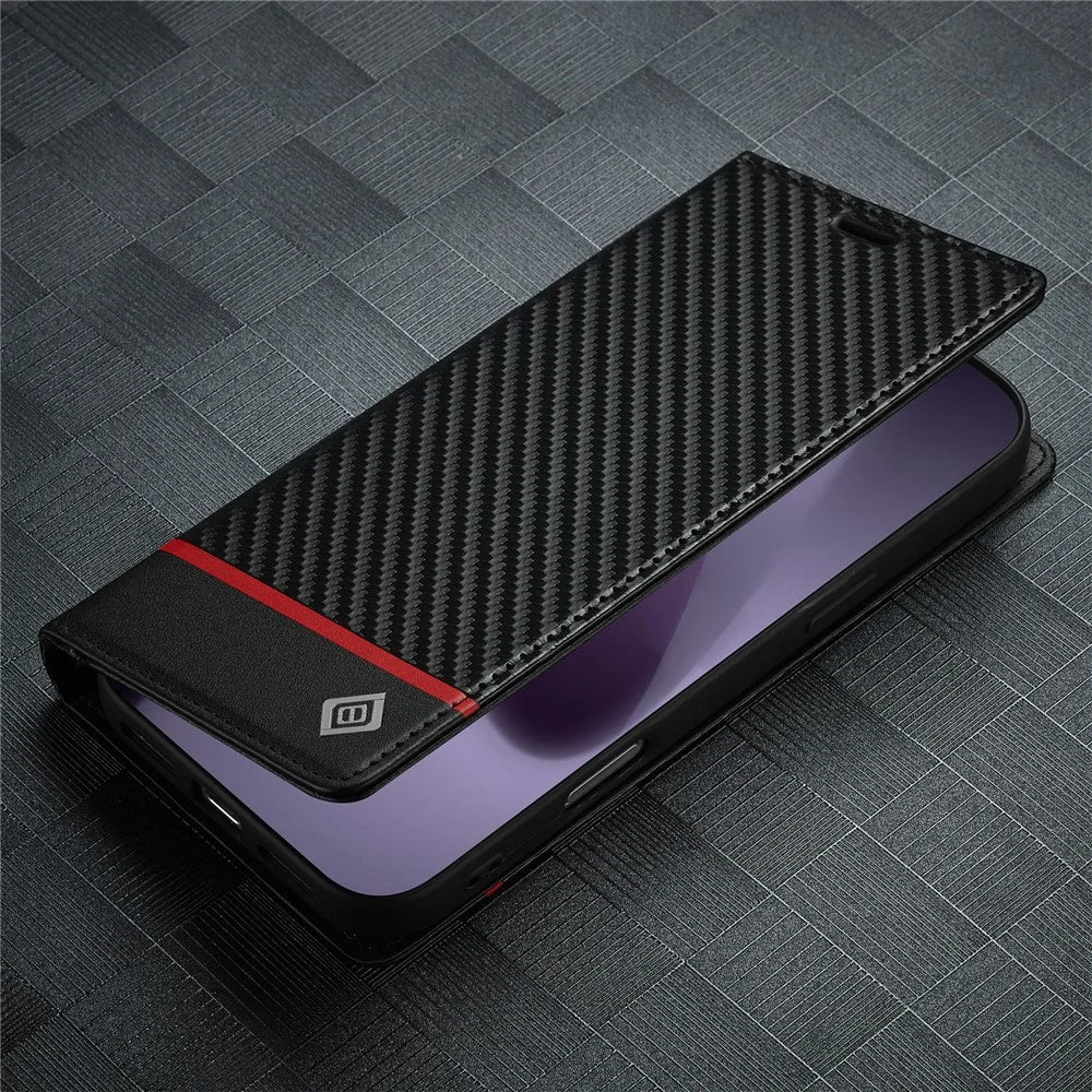 LC.IMEEKE For iPhone 18 Pro / 17 Pro Wallet Case Carbon Fiber Texture Leather Phone Cover - Horizontal Stripe - 5