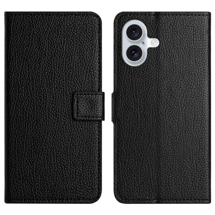 For iPhone 17 Case PU Leather Wallet Phone Cover Litchi Texture, Black - 1