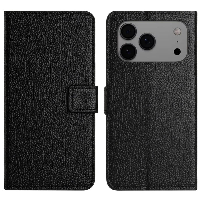 For iPhone 18 Pro / 17 Pro Case PU Leather Wallet Phone Cover Litchi Texture, Black - 1