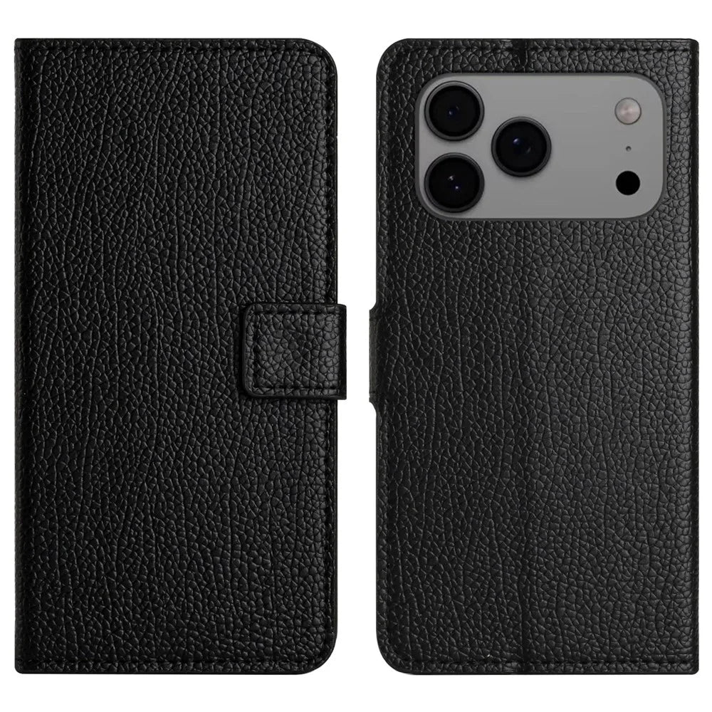 For iPhone 18 Pro Max / 17 Pro Max Case PU Leather Wallet Phone Cover Litchi Texture, Black - 1