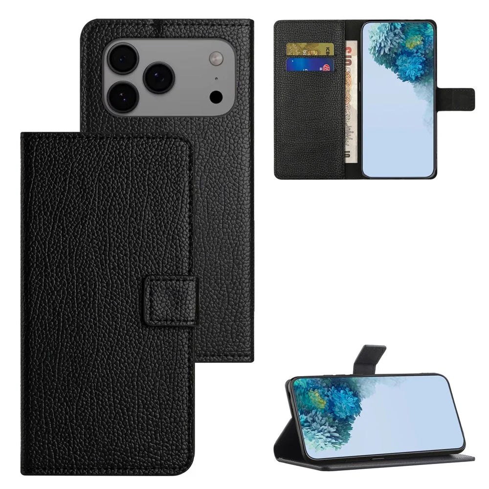 For iPhone 18 Pro Max / 17 Pro Max Case PU Leather Wallet Phone Cover Litchi Texture, Black - 6