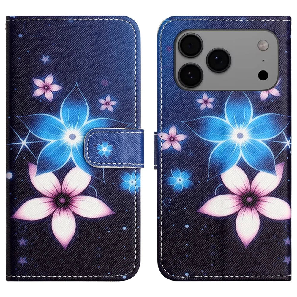 For iPhone 18 Pro Max / 17 Pro Max Case Pattern Print PU Leather Wallet Phone Cover Cross Texture - Blue Flower - 1
