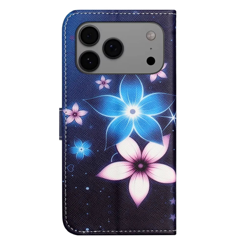 For iPhone 18 Pro Max / 17 Pro Max Case Pattern Print PU Leather Wallet Phone Cover Cross Texture - Blue Flower - 5