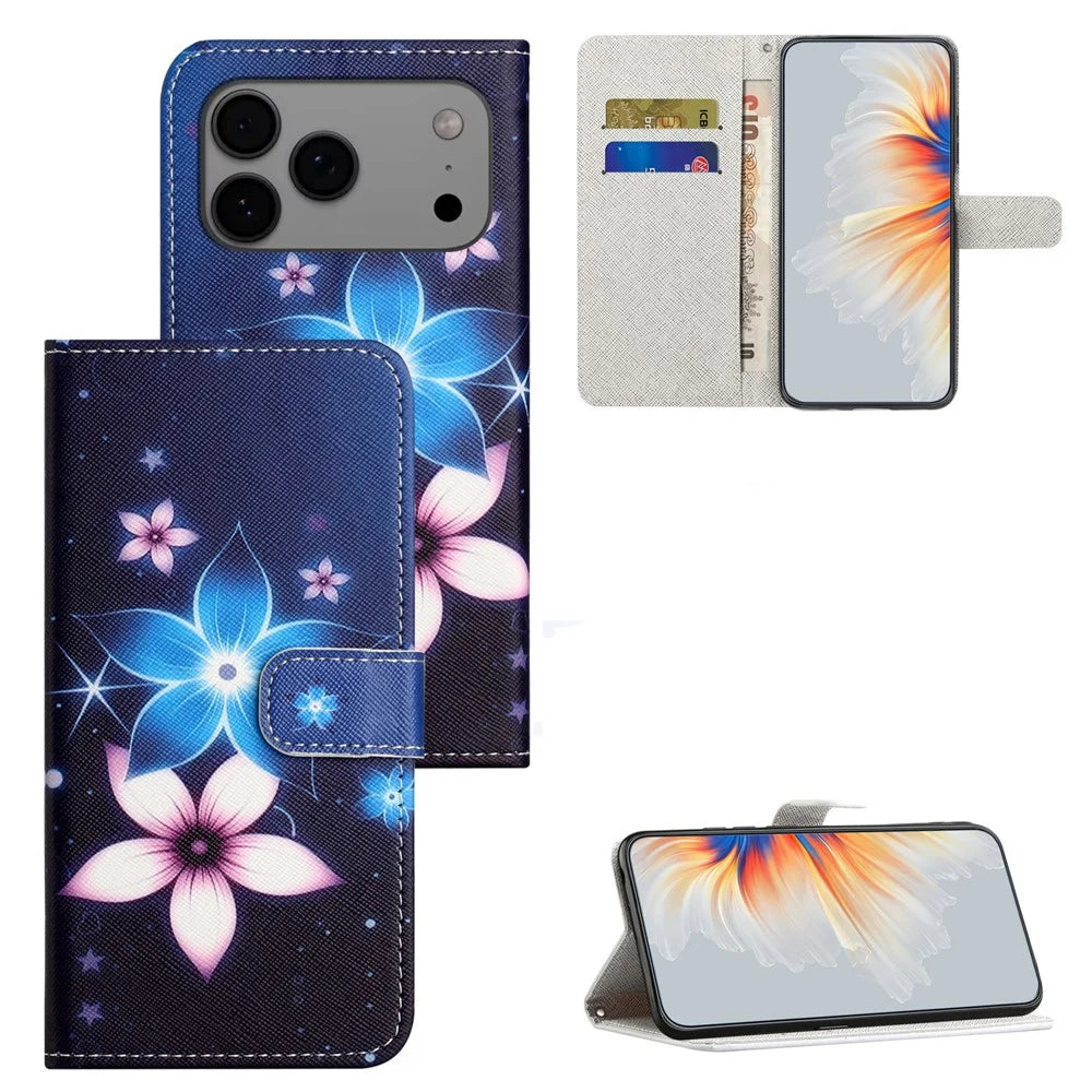 For iPhone 18 Pro Max / 17 Pro Max Case Pattern Print PU Leather Wallet Phone Cover Cross Texture - Blue Flower - 6