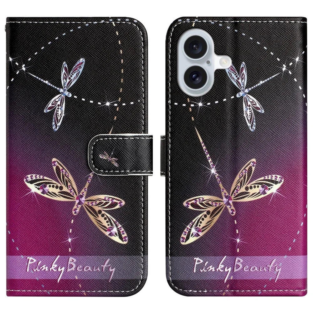 For iPhone 17 Case Pattern Print PU Leather Wallet Phone Cover Cross Texture - Dragonfly - 1