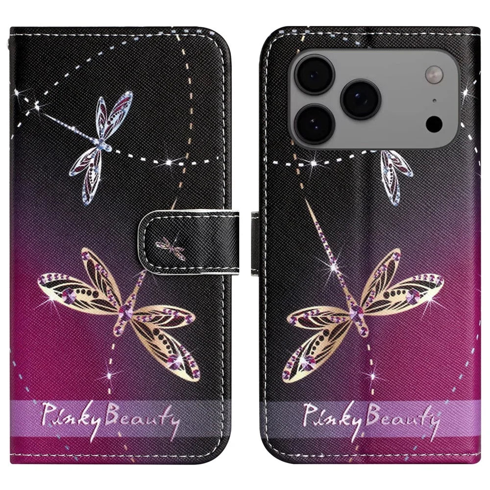 For iPhone 18 Pro / 17 Pro Case Pattern Print PU Leather Wallet Phone Cover Cross Texture - Dragonfly - 1