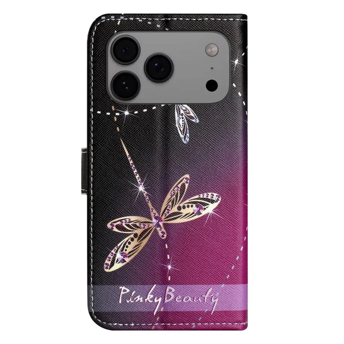 For iPhone 18 Pro / 17 Pro Case Pattern Print PU Leather Wallet Phone Cover Cross Texture - Dragonfly - 5