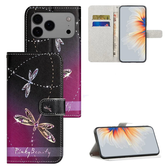 For iPhone 18 Pro / 17 Pro Case Pattern Print PU Leather Wallet Phone Cover Cross Texture - Dragonfly - 6