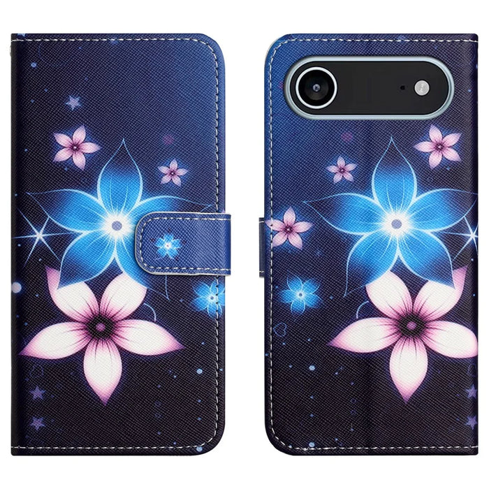 For iPhone Air Case Pattern Print PU Leather Wallet Phone Cover Cross Texture - Blue Flower - 1