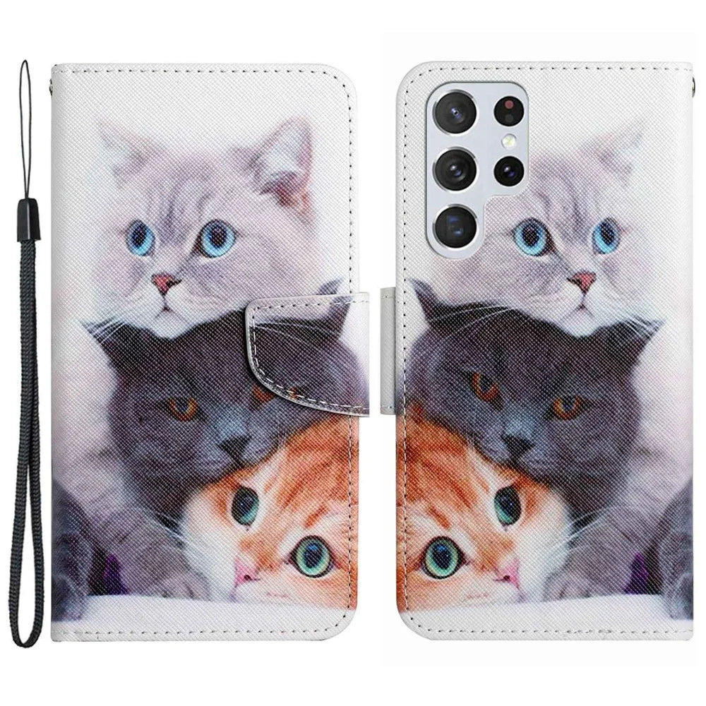 For Samsung Galaxy S23 Ultra Cross Texture PU Leather Stand Case Pattern Printing Full Protection Phone Wallet Cover - Three Cats - 1