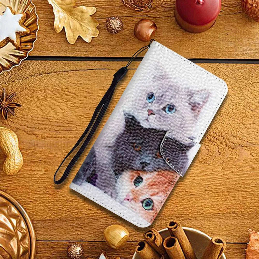 For Samsung Galaxy S23 Ultra Cross Texture PU Leather Stand Case Pattern Printing Full Protection Phone Wallet Cover - Three Cats - 6