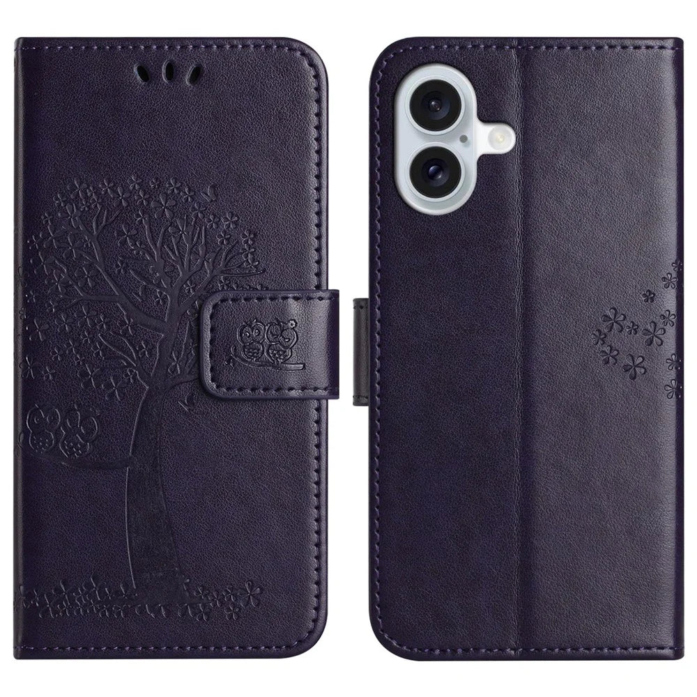For iPhone 17 Case PU Leather Owl Tree Imprinted Wallet Phone Cover with Strap - Dark Blue - 1