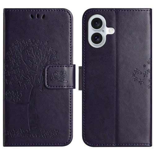 For iPhone 17 Case PU Leather Owl Tree Imprinted Wallet Phone Cover with Strap - Dark Blue - 1