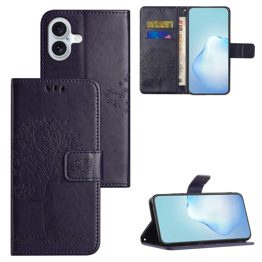 For iPhone 17 Case PU Leather Owl Tree Imprinted Wallet Phone Cover with Strap - Dark Blue - 6