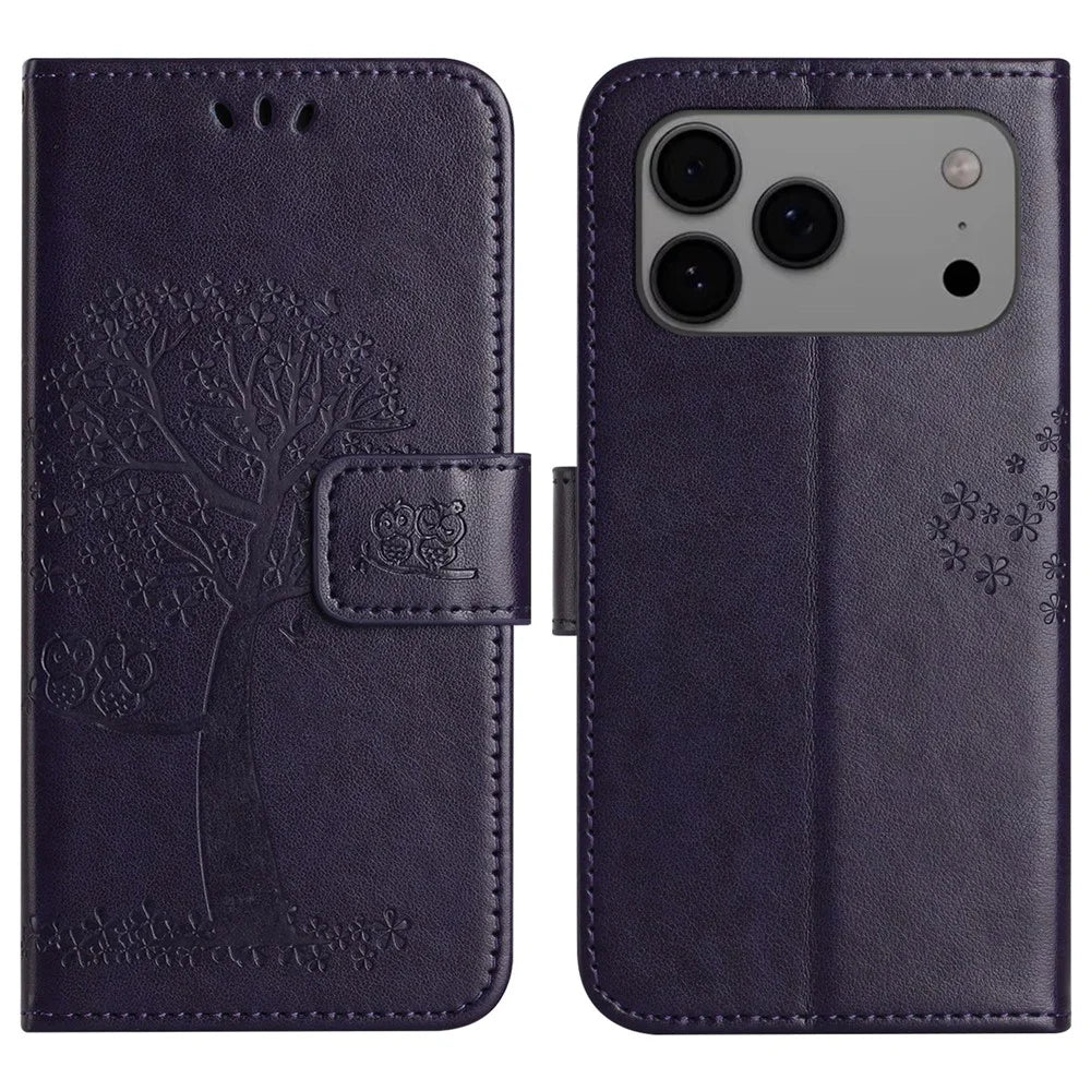 For iPhone 18 Pro / 17 Pro Case PU Leather Owl Tree Imprinted Wallet Phone Cover with Strap - Dark Blue - 1
