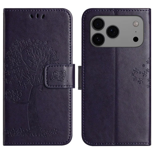 For iPhone 18 Pro / 17 Pro Case PU Leather Owl Tree Imprinted Wallet Phone Cover with Strap - Dark Blue - 1