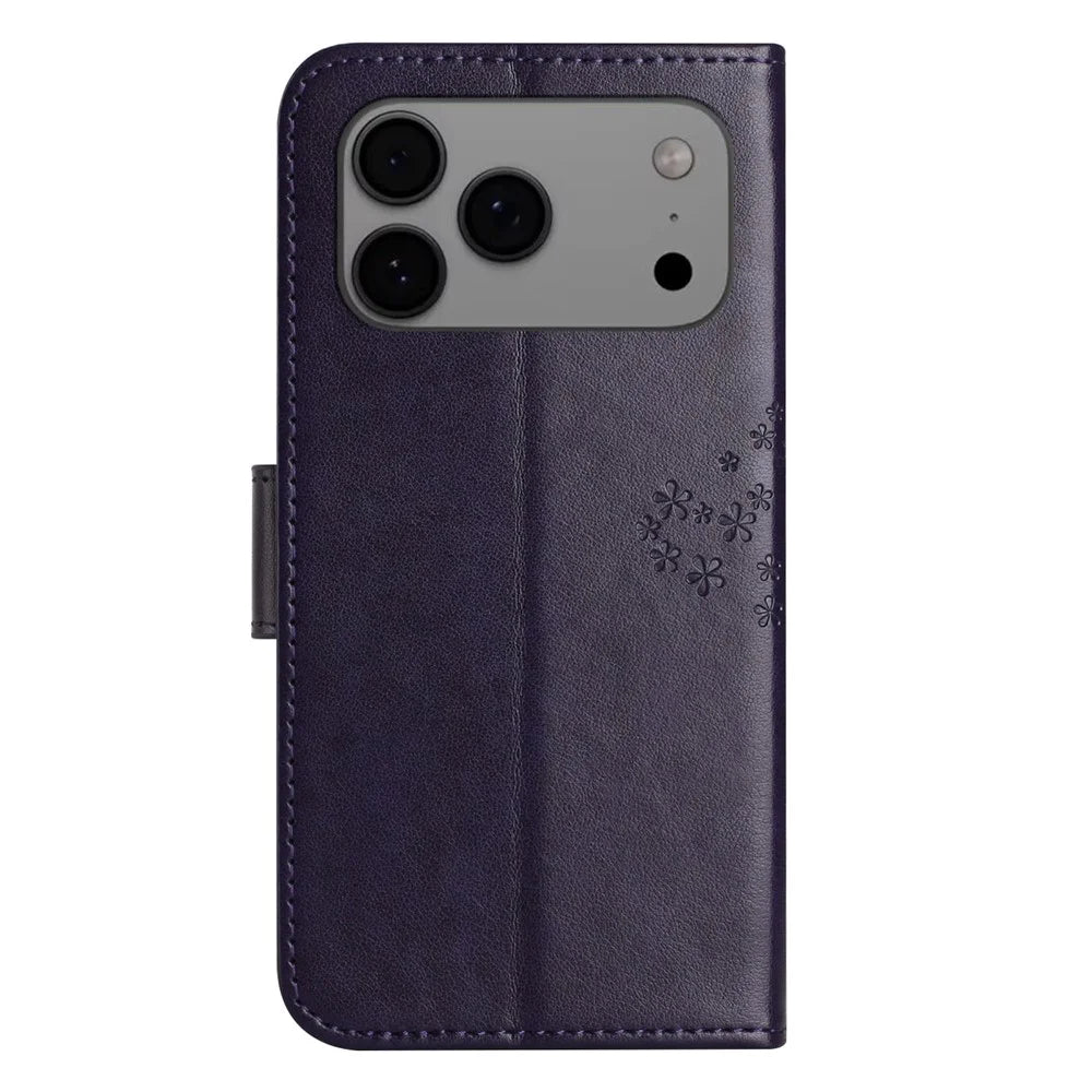 For iPhone 18 Pro / 17 Pro Case PU Leather Owl Tree Imprinted Wallet Phone Cover with Strap - Dark Blue - 5