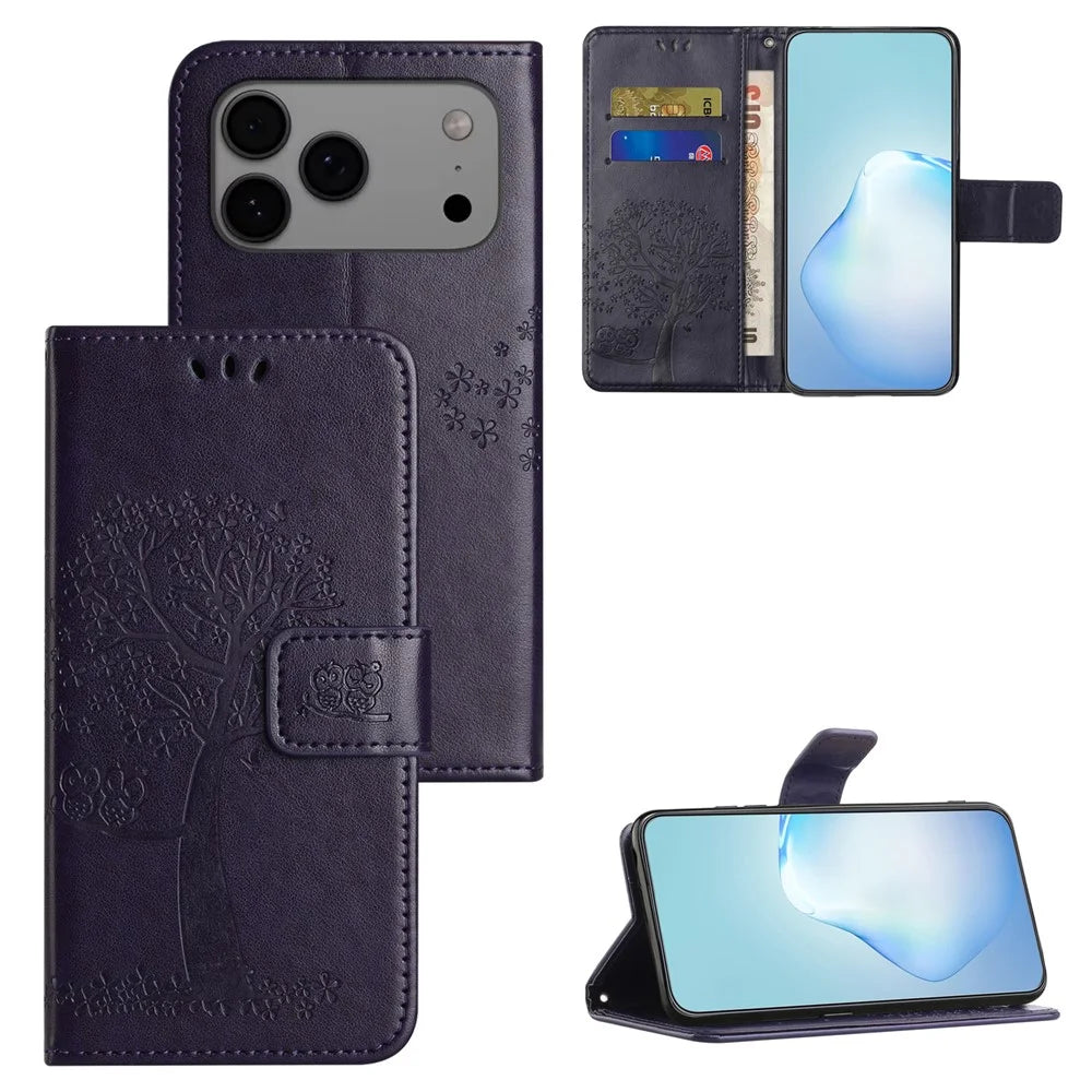 For iPhone 18 Pro / 17 Pro Case PU Leather Owl Tree Imprinted Wallet Phone Cover with Strap - Dark Blue - 6
